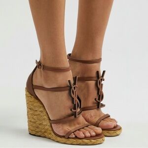 Saint Laurent Cassandra 100mm Leather Wedge Espadrilles Tan Brown EU 38.5/39 new